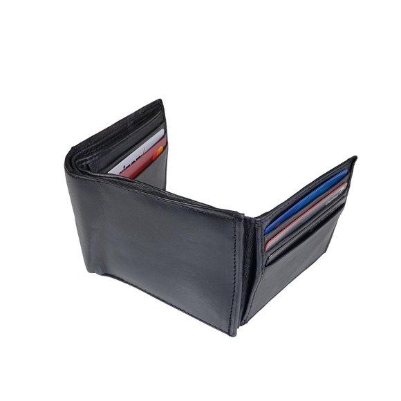 Men's Black Genuine Leather Bifold Traveler Wallet with Button NEW - Picture 3 of 10